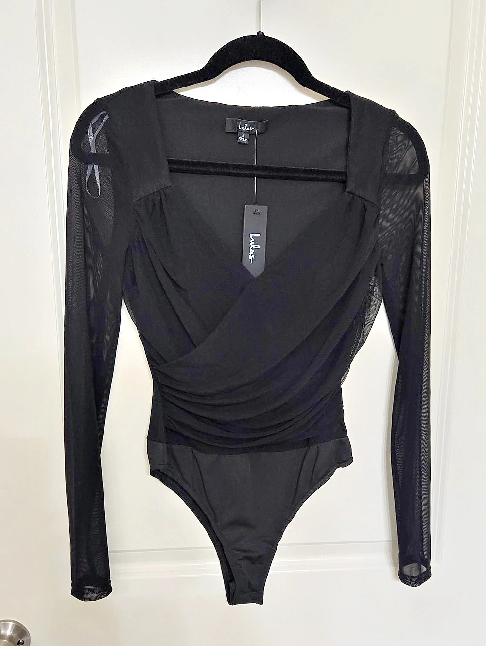 Lulus Sheer Confidence Black Mesh Ruched Long Sleeve Bodysuit
